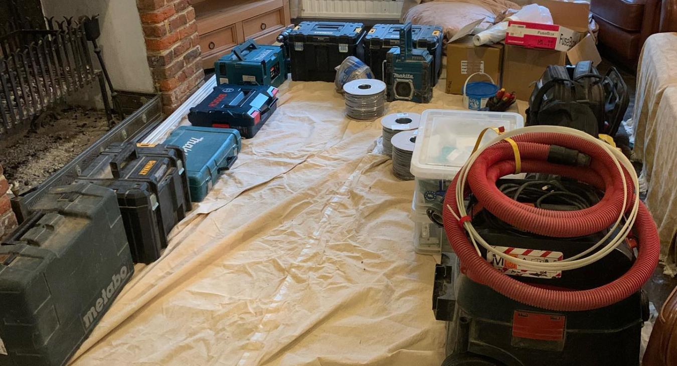 A large selection of tools laid out on a dust sheet in answer to: How messy is a Rewire? Thames Valley Electricians in Wokingham